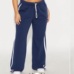 Fashion Nova Navy Blue Track Pants with White Stripes